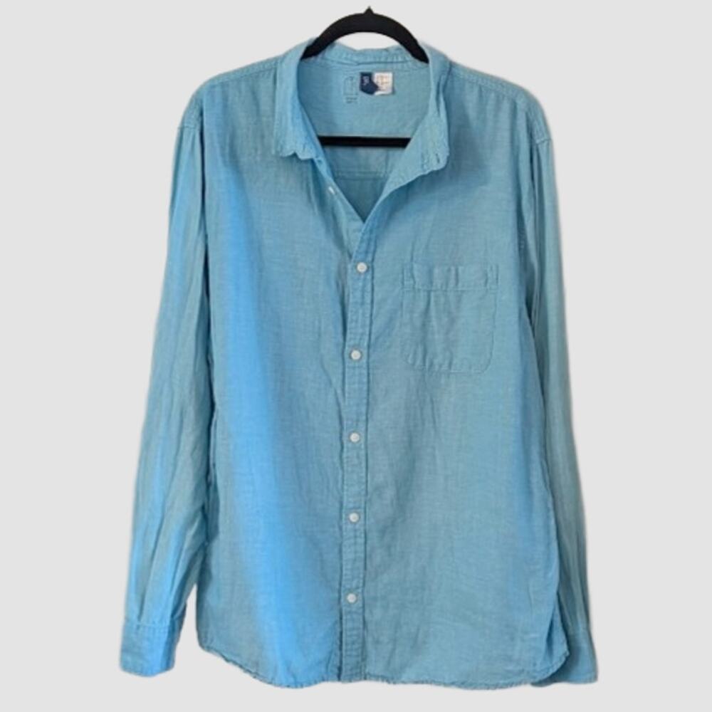 H&M Divided Men Linen Cotton Blend Button Up Shirt Blue XL Casual Coastal